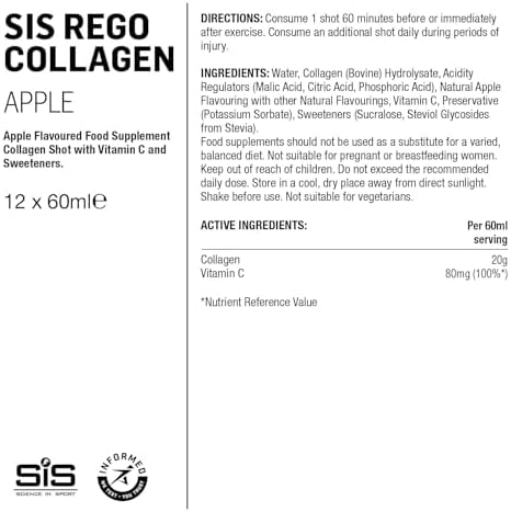 Science in Sport REGO Collagen Shot - Vitamin C Collagen Shot for Cartilage Health & Muscle Support - 20g Liquid Collagen - Ready-to-Drink - Sports Nutrition - Apple Flavor - 12 Count
