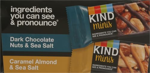 KIND Minis Snack Bars,Dark Chocolate Nuts & Sea Salt and Caramel Almond & Sea Salt,3g Sugar,Gluten Free Bars,Variety Pack,0.7 OZ,20 Count (Pack of 2)