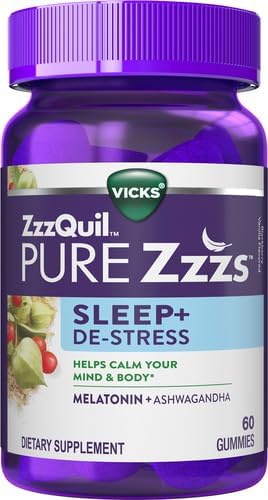 ZzzQuil Pure Zzzs De-Stress 2mg Melatonin Gummies,Sleep Aids for Adults,Ashwagandha for Stress Support,60 Gummies,(Pack of 2)
