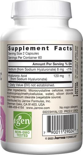 Jarrow Formulas® Hyaluronic Acid 120 mg, Dietary Supplement, Skin Health Support, 120 Veggie Capsules, Up to 60 Day Supply,(Pack of 2)