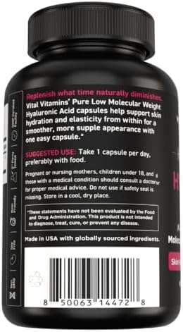 Vital Vitamins Hyaluronic Acid Supplements - Made with 200mg of Low Molecular Weight Hyaluronic Acid - Supports Skin Hydration & Elasticity from Within - 60 Capsules, 60 Servings