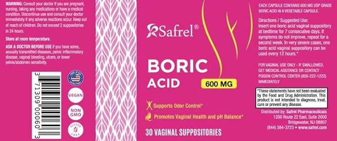 Safrel Boric Acid Vaginal Suppositories - 100% Pure Made in USA - Intimate Health Support, Vaginal Health and pH, Odor Control (30 Count)