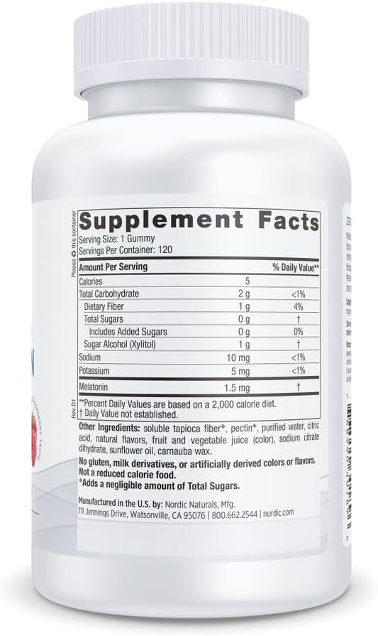 Nordic Naturals Zero Sugar Melatonin Gummies, Raspberry - 120 Gummies - 1.5 mg Melatonin - Great Taste - Restful Sleep, Antioxidant Support - Non-GMO, Vegan - 120 Servings