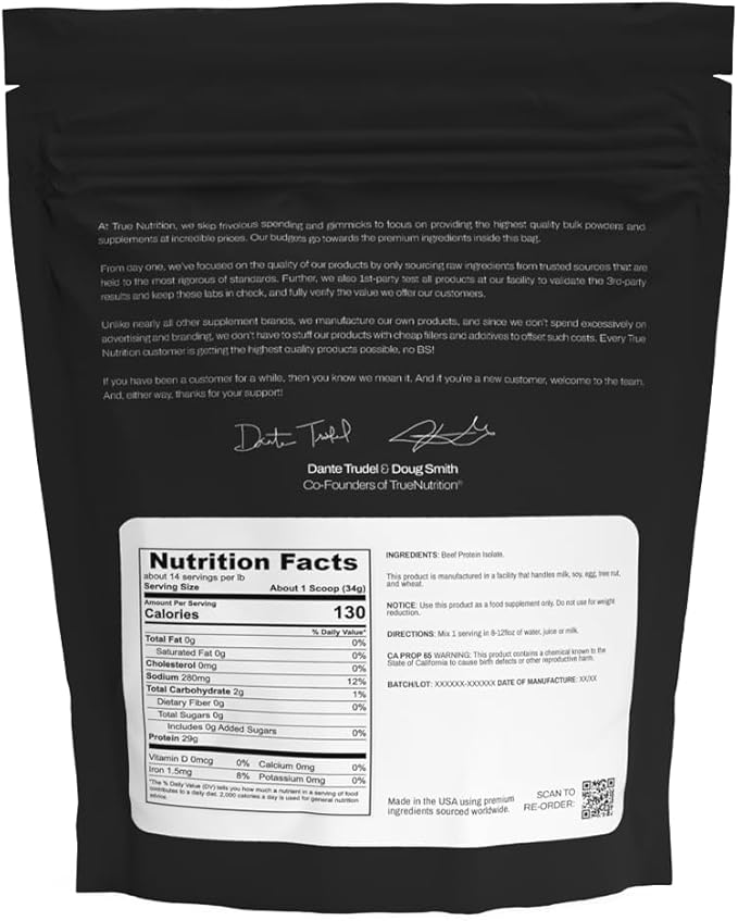 True Nutrition Grass Fed Beef Protein Isolate Powder - 31g Protein per Serving - Zero Carb, Fat Free, Dairy Free, Non-GMO - Paleo, Keto, Carnivore - Unflavored/Unsweetened - 2lb