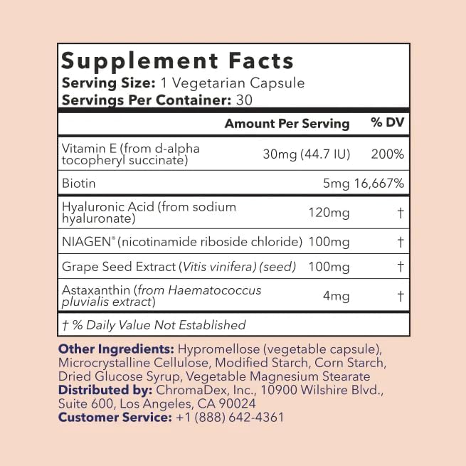 TRU NIAGEN BEAUTY NAD+ for Hair, Skin & Nails | Contains Niagen®, Astaxanthin, Hyaluronic Acid, Biotin | Supports Skin Elasticity & Moisture Retention | Daily Supplements for Men & Women | 30 Servings