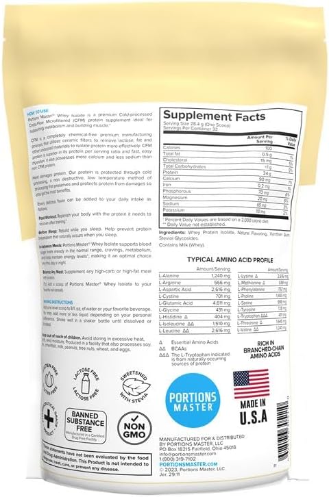Portions Master CFM Whey Isolate Protein Powder, 2 LB, 23g Low Carb, Low Fat, Cold-Processed, Fast Absorbing, Muscle Growth & Recovery Support (Vanilla Ice Cream)