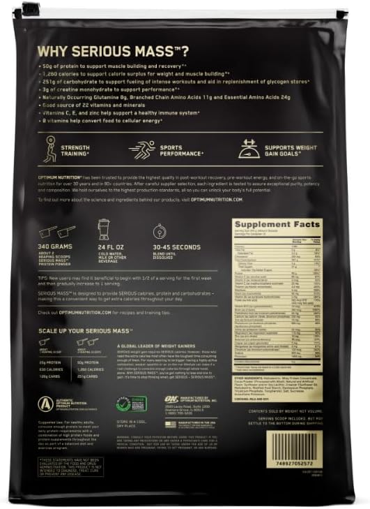 Optimum Nutrition Serious Mass, Weight Gainer Protein Powder, Mass Gainer, Vitamin C and Zinc for Immune Support, Creatine, Chocolate Peanut Butter, 12 Pound (Packaging May Vary)
