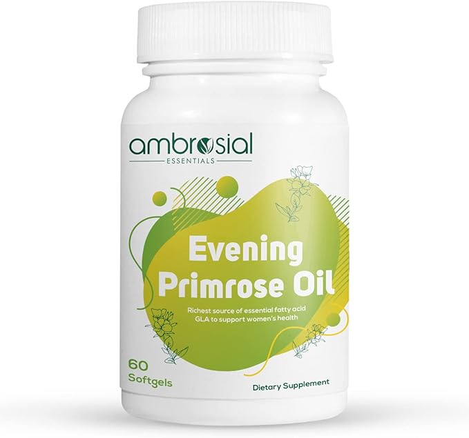 AMBROSIAL Evening Primrose Oil 1000mg Softgel- High Strength EPO, Cold-Pressed Oil Capsules (Pack of 1-60 Softgels)