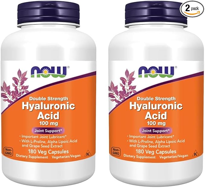 NOW Foods Supplements, Hyaluronic Acid 100 mg, Double Strength with L-Proline, Alpha Lipoic Acid and Grape Seed Extract, 180 Veg Capsules (Pack of 2)