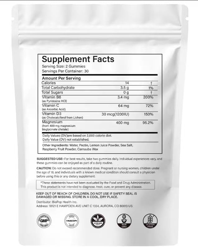 Hywebvctok 400mg Magnesium Bisglycinate Gummies with Vitamin B6, C, D3, Promotes Muscle & Nerve Function, Relaxation & Wellness, Raspberry Flavor, 60 Count