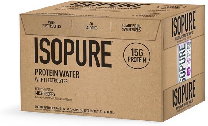 Isopure Clear Protein Water with Electrolytes, 15g Whey Protein Isolate, Zero Sugar, Mixed Berry, 20 fl oz Bottles, 12-Pack