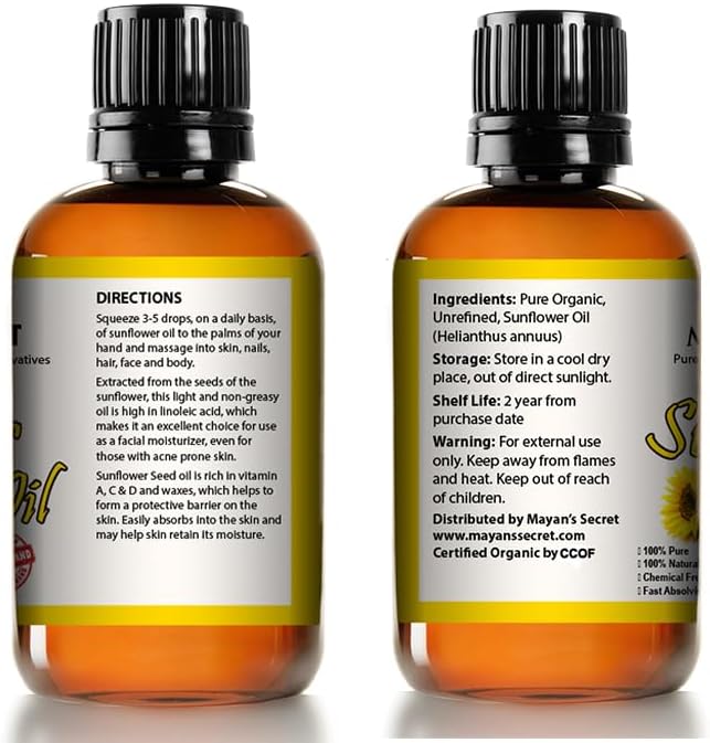Mayan’s Secret Organic Sunflower Oil – Cold Pressed, Unrefined, High Oleic, Lightweight Moisturizing Sun Flower Oil for Face, Skin & Hair, USDA Certified Organic, 4oz Amber Glass Bottle with Dropper