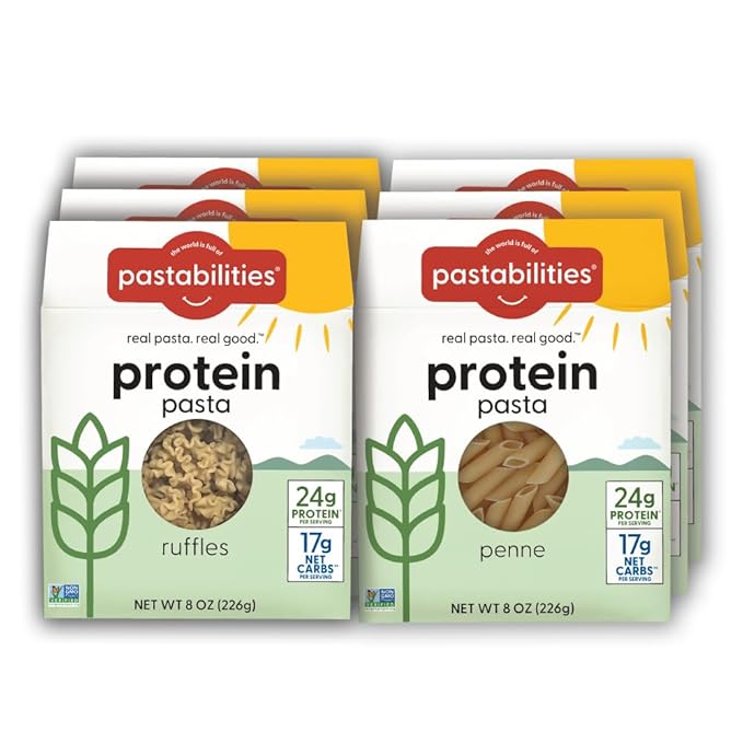 Pastabilities, Protein Pasta, Variety Pack (Penne & Ruffles - 24g Protein & Low Carb, 17g Net Carbs - High Protein, Delicious Taste & Texture Non-GMO Plant-Based Pasta, Keto Friendly, Vegan (8 Ounce, 6 Pack)