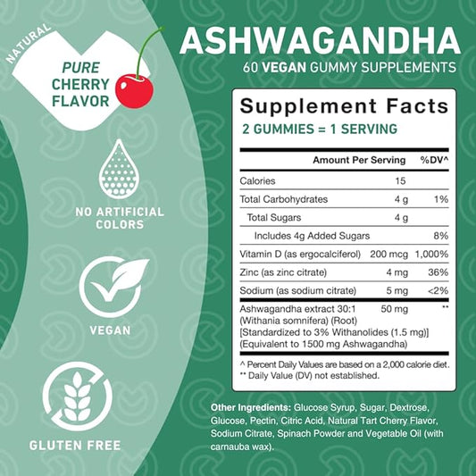 PUREFINITY Ashwagandha Gummies with Vitamin D & Zinc – Supplement for Relaxation, Calming, and Mood Support – Gluten Free, Non-GMO, Vegan, 60 Count