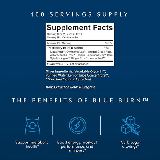 Apothékary Blue Burn Herbal Supplement Liquid Drops, Metabolism and Weight Management Support, Clinically-Tested, Made in the USA, 3.4 Fl Oz, 100 Servings