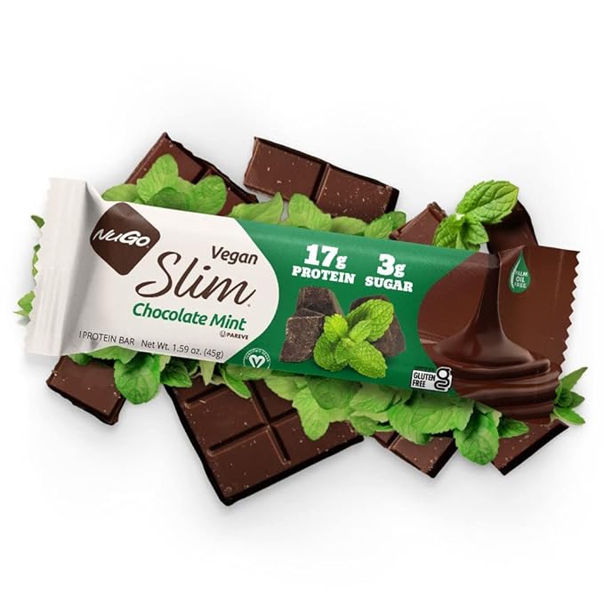 NuGo Slim Dark Chocolate Mint, 17g Vegan Protein, 3g Sugar, 6g Fiber, Low Net Carb, Keto Friendly, Gluten Free, 12 Count