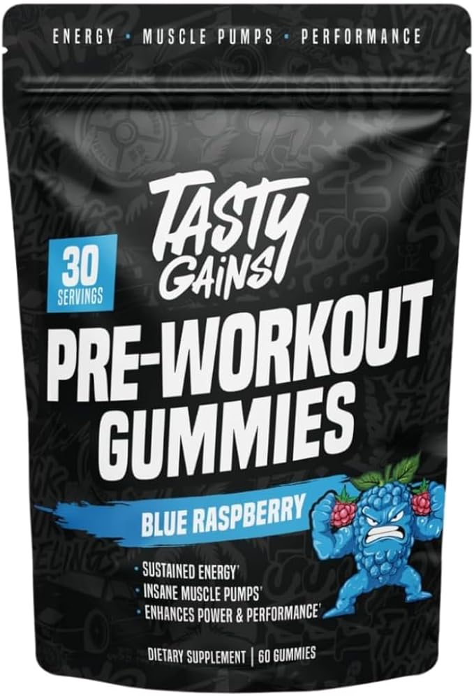 TASTY GAINS - Pre-Workout Gummies – Energy & Focus Boost, Caffeine Gummies for Men & Women, 200mg of Caffeine, Fat-Burning Preworkout for Strength & Endurance (60, Blue Raspberry)