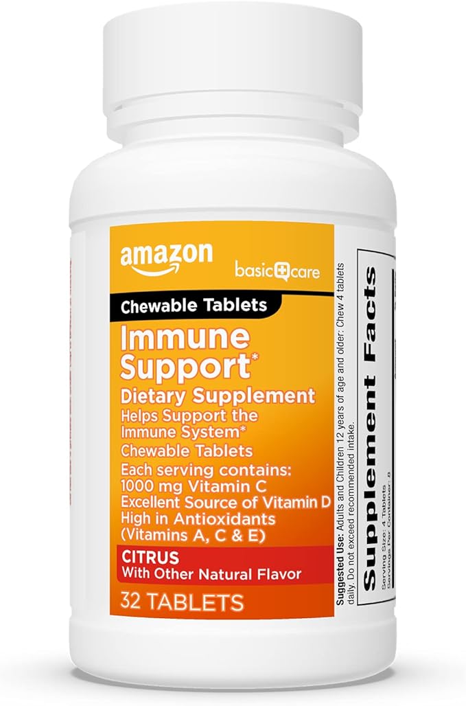 Amazon Basic Care Immune Support Citrus Chewable Tablets with Antioxidants, Vitamin D and Immune System Support, 32 Count