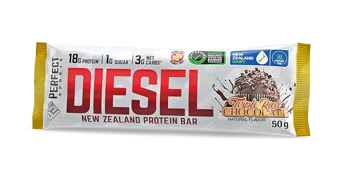 PERFECT SPORTS Diesel New Zealand Whey Protein Bars | Stevia Sweetened, No Artificial Flavors | Low Sugar, 18g Protein | 12 Pack (Triple Rich Chocolate)