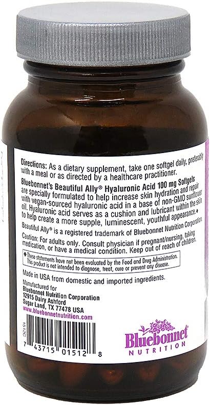 Bluebonnet Nutrition Beautiful Ally Hyaluronic Acid 100mg, Nurture Radiant Skin*, Non-GMO, Gluten-Free, Soy-Free, 90 Softgels, 90 Servings