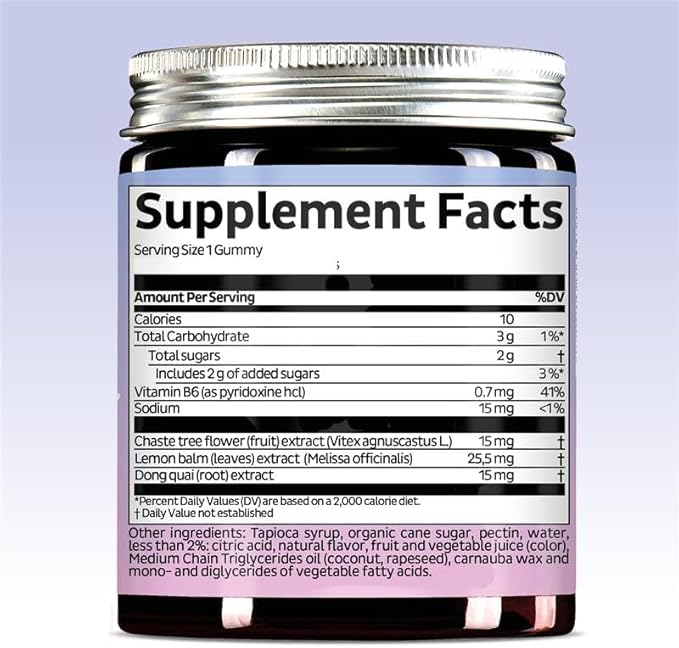 PMS Support Supplement for Women. Menstrual Relief Gummies to Target Hormonal Breakouts, Bloating, Period Cramps, & Mood Swings. Vegan, with Vitamin B6 & Lemon Balm, 60 Gummies
