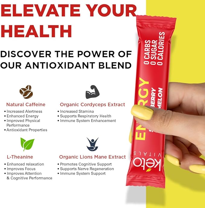Keto Vitals Electrolyte Energy Drink Powder Packets - Electrolyte Supplement with 100mg Natural Caffeine, L Theanine & Organic Lion's Mane Extract - Strawberry Watermelon Keto Powder Packets, 30 Count
