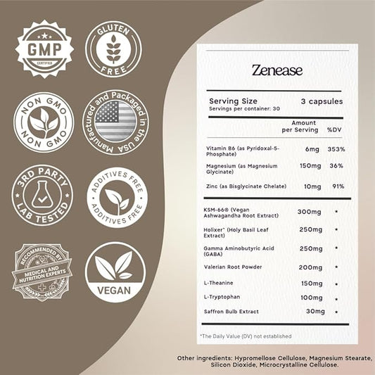 Zen Principle Zenease Sleep Support with Magnesium Glycinate, Ashwagandha KSM-66®, Saffron, L-Theanine & GABA – No Melatonin, Natural Stress Relief & Sleep Aid. 180 Capsules