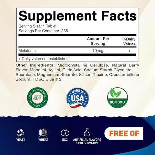 Vitamatic Melatonin 10 mg Tablets | Vegetarian, Non-GMO, Gluten-Free | 1-Year Supply | Natural Berry Flavor - 365 Tablets