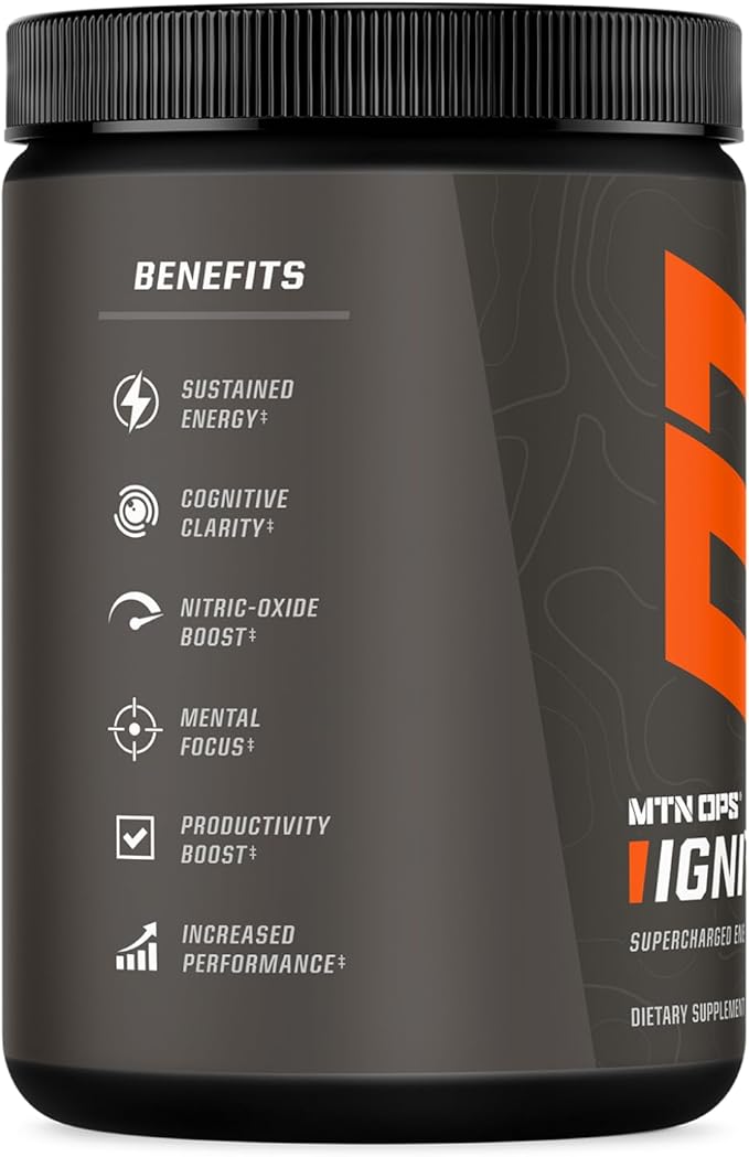 MTN OPS Ignite Sugar Free Energy Drink Powder Naturally Sweetened with Monk Fruit, 200mg Caffeine, Nootropic Blend for Energy & Focus, L Arginine & Citrulline, 45 Servings, Citrus Italian Ice