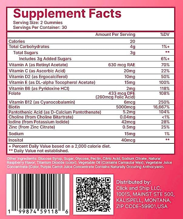 Hair Skin and Nails Gummies, 5000 mcg Biotin with Vitamins A, C, D2 & E, B-Complex, Zinc & Iodine, Hair Skin and Nails Vitamins for Women & Men, Supports Hair Growth, Nails, Glowing Skin - 60 Gummies
