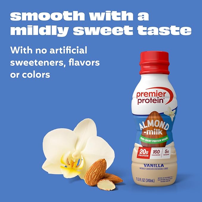 Premier Protein Non-Dairy Plant Based Almondmilk Protein Shake, Vanilla, 20g Protein, 5g Sugar, 11.5 Fl oz, 12 Count
