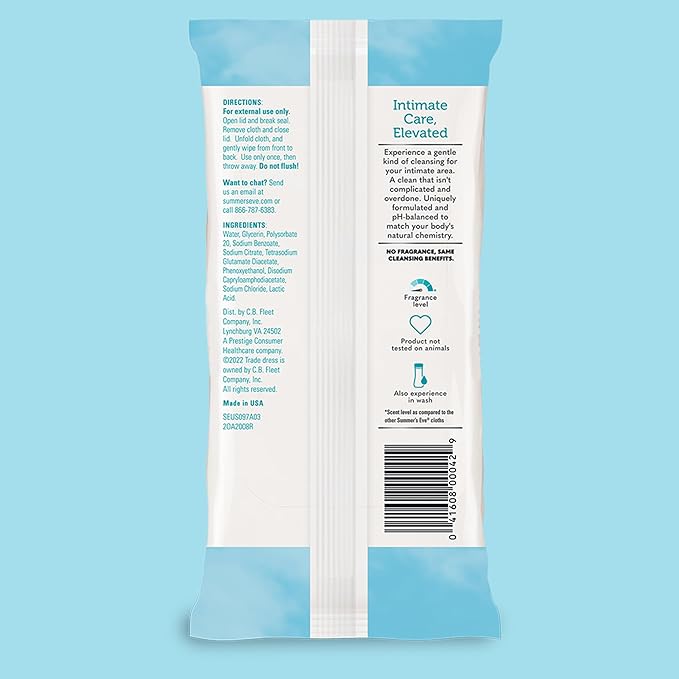 Summer's Eve Feminine Wipes, Fragrance Free, Vaginal Wipes with Gentle pH-Balanced Micellar Water Formula, Feminine Care to Help Remove Vaginal Odor, Gynecologist Tested, 32 Wipes, 4 Pack