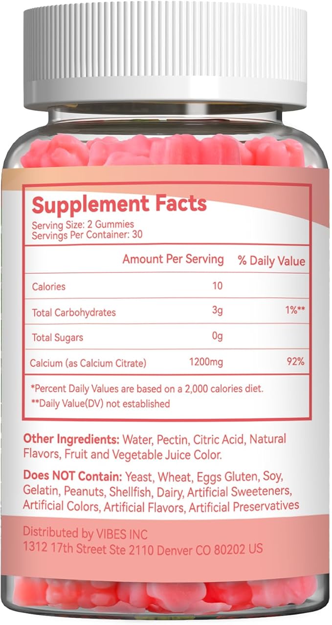 Calcium Citrate Gummies 1200mg, Chewable Calcium Supplement for Women & Men, Ultimate Absorption Calcium Gummies for Muscle & Immune Support, Sugar Free, Raspberry Flavor, 60 Count