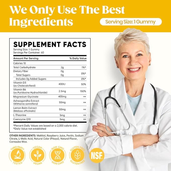 60 Day Supply Magnesium Glycinate 400mg Gummies with Ashwagandha, L-Theanine, CoQ10, Vitamin D3 & B6, Sugar Free Magnesium Gummies for Adults & Kids, Stress Relief, Sleep & Calm, Vegan, Gluten Free