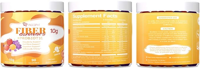 Migcopat 10G Fiber Gummies with Probiotics, Fiber Supplement with 30 Billion CFU Probiotics Blend, ACV, Vitamin C, Inulin - Support Digestive Health - No Sugar Added - Fruit Flavored - 90 Count