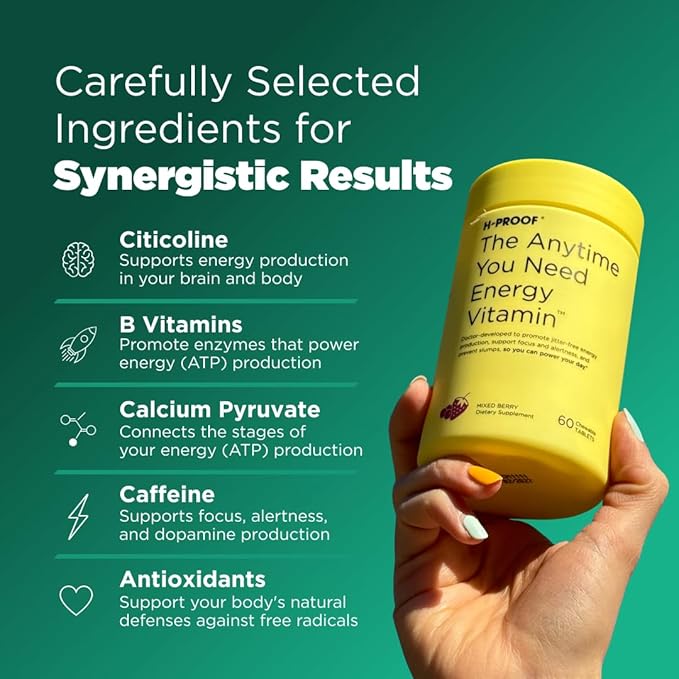 The Anytime You Need Energy Vitamin for Sustained Energy, Focus & Alertness with Jitter-Free Caffeine, 60 Chewable Energy Supplements (30 Servings), Mixed Berry