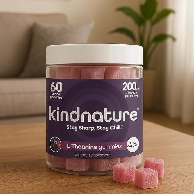 kindnature L-Theanine Gummies 200mg – Calm & Focus Supplement for Adults & Kids Ages 4+ – Stress Support, Mental Clarity & Non-Drowsy Relaxation – Vegan, Mixed Berry, Non-GMO