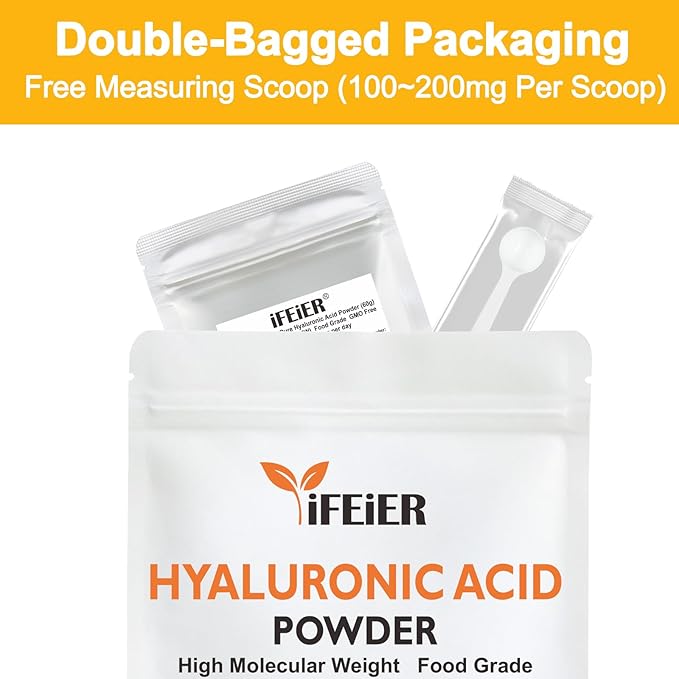 iFEiER Pure Hyaluronic Acid Powder | Food Grade Hyaluronic Acid Supplements | 60g(2.12oz) | HMW LMW High Molecular Weight Hyaluronic Acid Powder| Skin Hydration and Joint Lubrication
