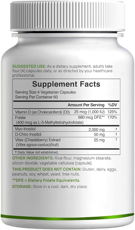 Myo-Inositol & D-Chiro Inositol Supplement for Women (40:1) | 2,050mg Per Serving | 240 Veggie Capsules | with Folate, Vitamin D3 & Vitex | Hormonal Balance & Cycle Support | Non-GMO