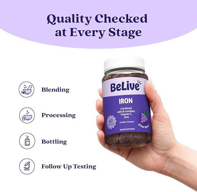 BeLive Iron Gummies - Multivitamin Supplement with Vitamin C, A, B & Zinc, Supports Blood Oxygen, Vegan Iron Supplements for Women, Men & Kids for Growth and Development - Grape Flavor | 1-Pack