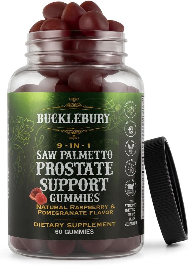 BUCKLEBURY 9-in-1 Natural Saw Palmetto Gummies with Raspberry & Pomegranate Flavor - Plant-Based Prostate Support Supplements for Mens Bladder Health, Hair Growth & Urinary Support - 60 Gummies