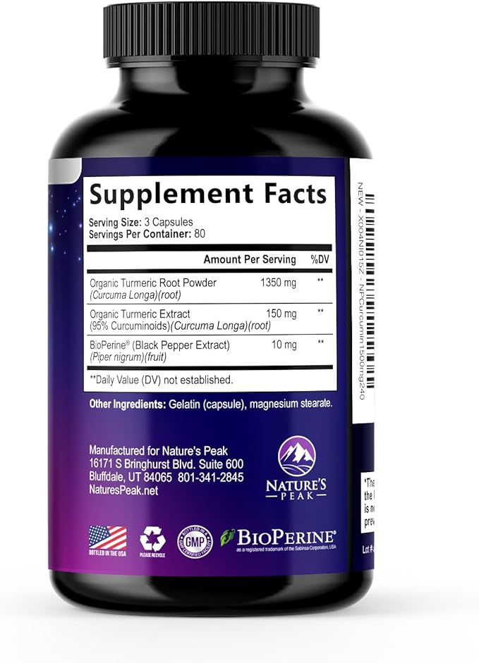 Turmeric Curcumin Supplement - 1350mg Organic Turmeric Per Serving - 95% Curcuminoids & BioPerine Black Pepper Extract for Best Absorption - Natural Vegan Joint Support, Bottled in USA - 240 Capsules