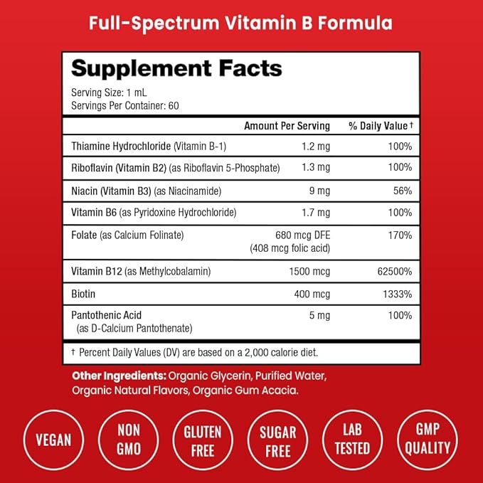 USDA Organic Vitamin B Complex Liquid Drops Sublingual B12 Methycobalamin | B1, B2, B3, B5, B6, B7, B9 | Methylated B Vitamins Complex for Women & Men | Biotin, Niacinamide, Folate & Folic Acid, 2oz