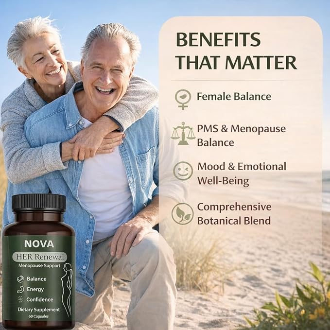 NOVA Menopause Relief Support for Her - Probiotic Estrogen Balance Formula with Curcuminoids & Botanical Extracts – Supports Hormonal Balance, Comfort & Daily Well-Being – 60 Capsules (1)