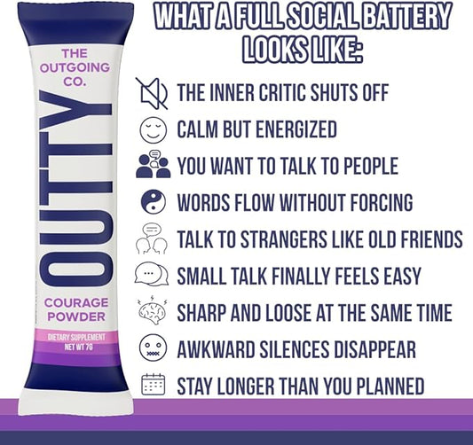 OUTTY Courage Powder Social Energy & Mood Support Drink Mix With Taurine, L-Theanine & Oroxylin A Stress Relief, Mental Clarity & Alcohol Alternative Acai Mixed Berry (15 Stick Packs)