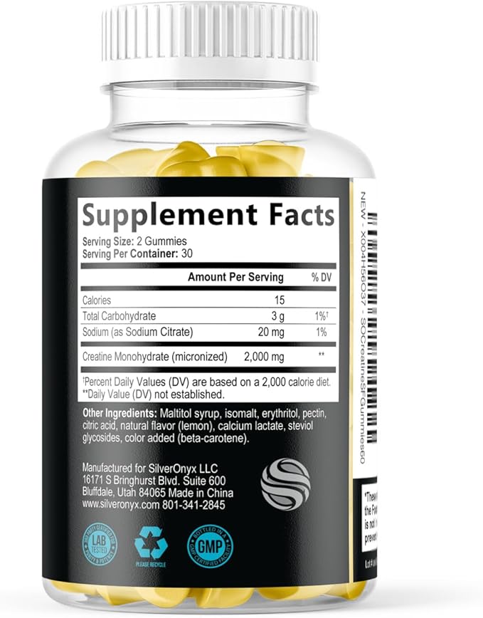 Creatine Gummies - 2000mg per serving Creatine Monohydrate Chewables - Best Micronized, Sugar Free Creatine for Men & Women - Supports Lean Muscle, Strength, Energy, & Endurance - 60 Lemon Gummies