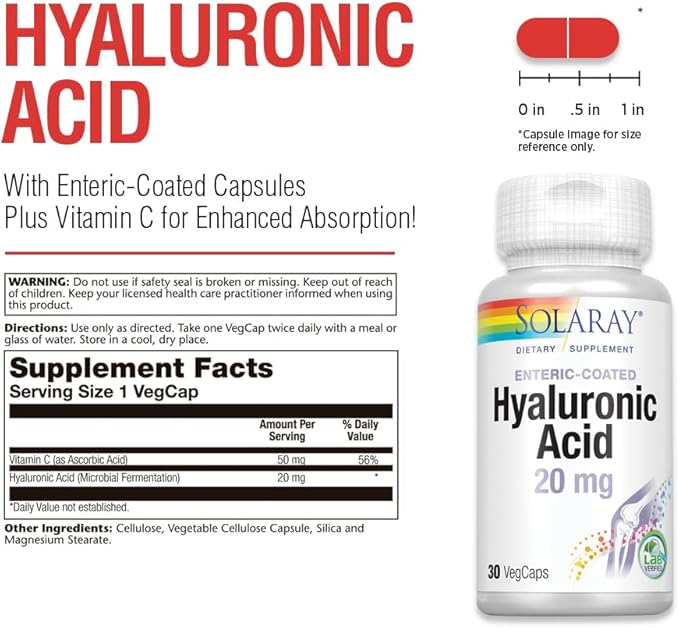 SOLARAY Hyaluronic Acid | Helps Support Healthy Joint Comfort and Skin Health | with Vitamin C | 30 VegCaps
