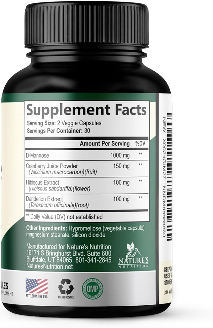 D-Mannose 1000mg Per Serving - Cranberry & Hibiscus - Effective Fast-Acting, Flush The Impurities for Bladder, Urinary Tract Health Support Supplement, for Women and Men, USA Bottled - 60 Capsules