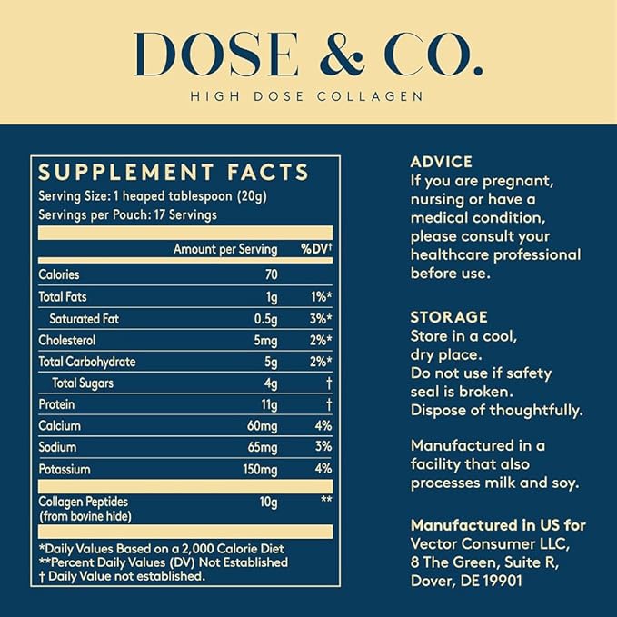 DOSE & CO. Vanilla Collagen Creamer Powder, 12 Oz | Hydrolyzed Bovine Collagen Type I & III with 11g Protein per Serving | Supports Hair, Skin & Nails | High Bioavailability, Non-GMO, Gluten Free