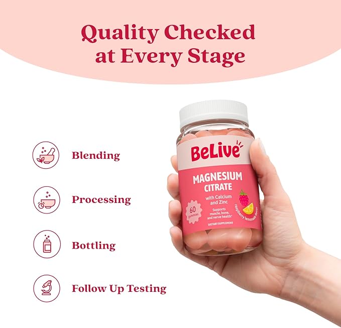 BeLive Magnesium Citrate Gummies with Calcium and Zinc for Adults and Kids - High Absorption Magnesium Supplement for Cognitive, Bone, Muscle and Nerve Health - Raspberry Lemonade - 60 Count